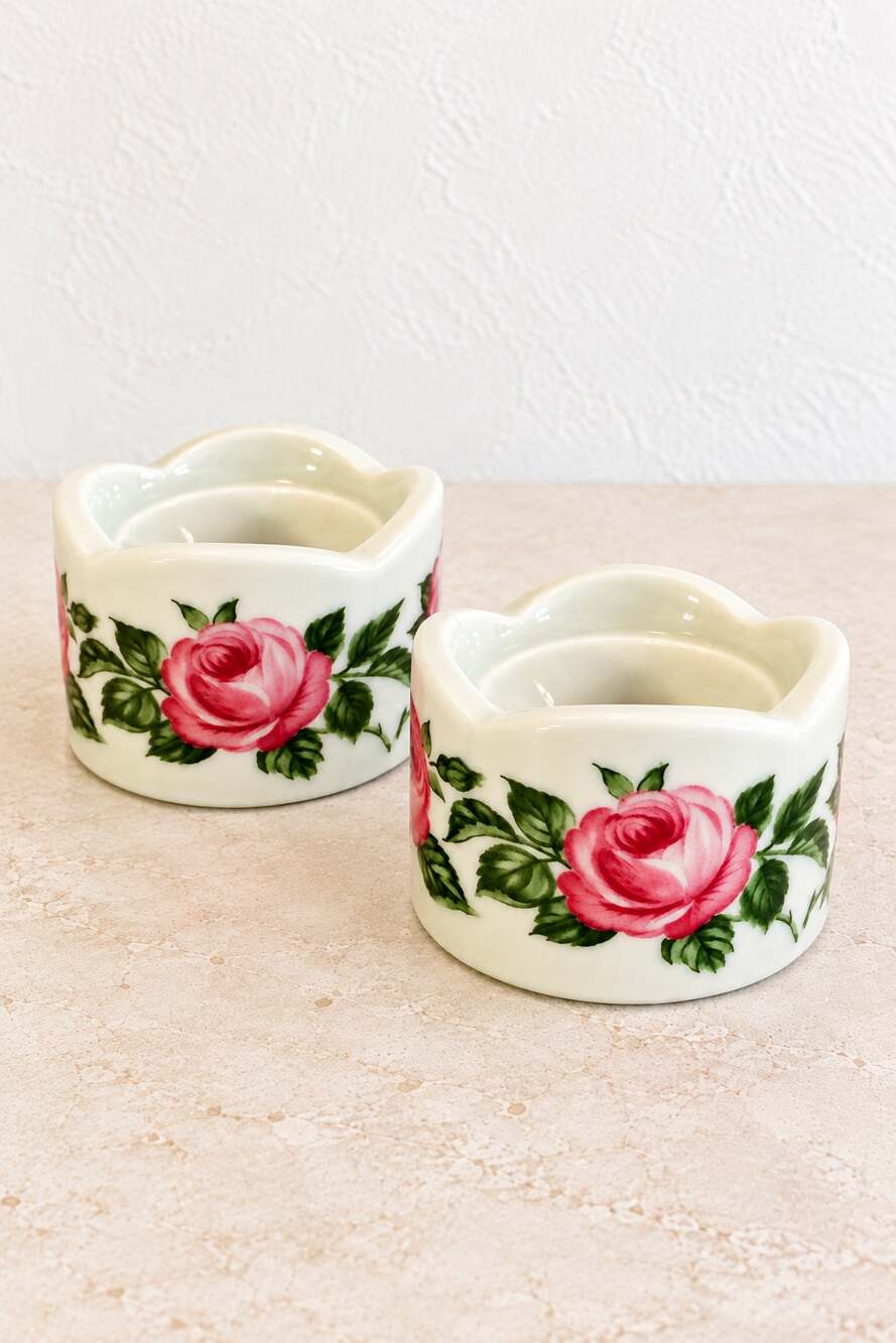 W Germany Floral Taper Candle Holders Pair Cottagecore Pink Roses Ceramic VTG
